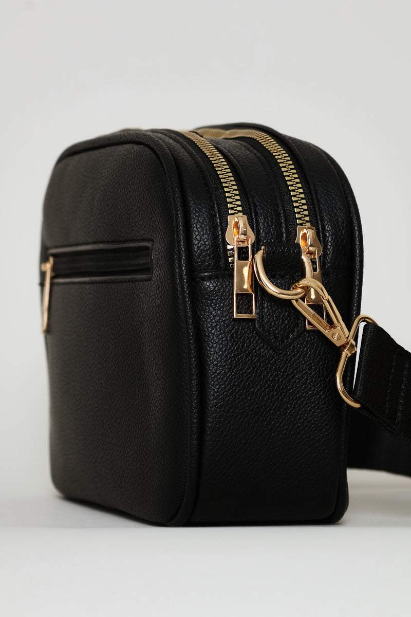 Double Top Zip Webbing Strap Camera Bag - Black