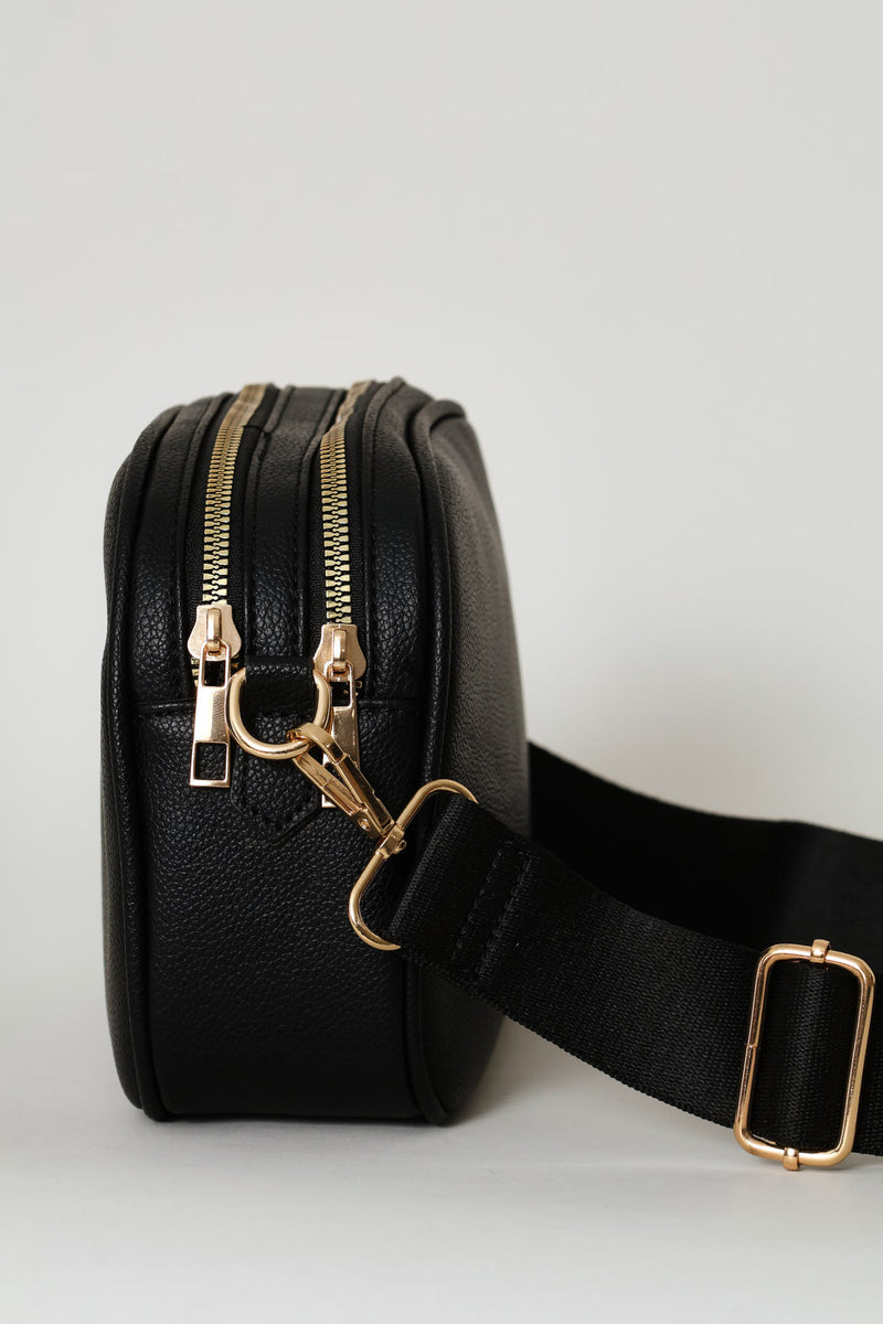 Double Top Zip Webbing Strap Camera Bag - Black