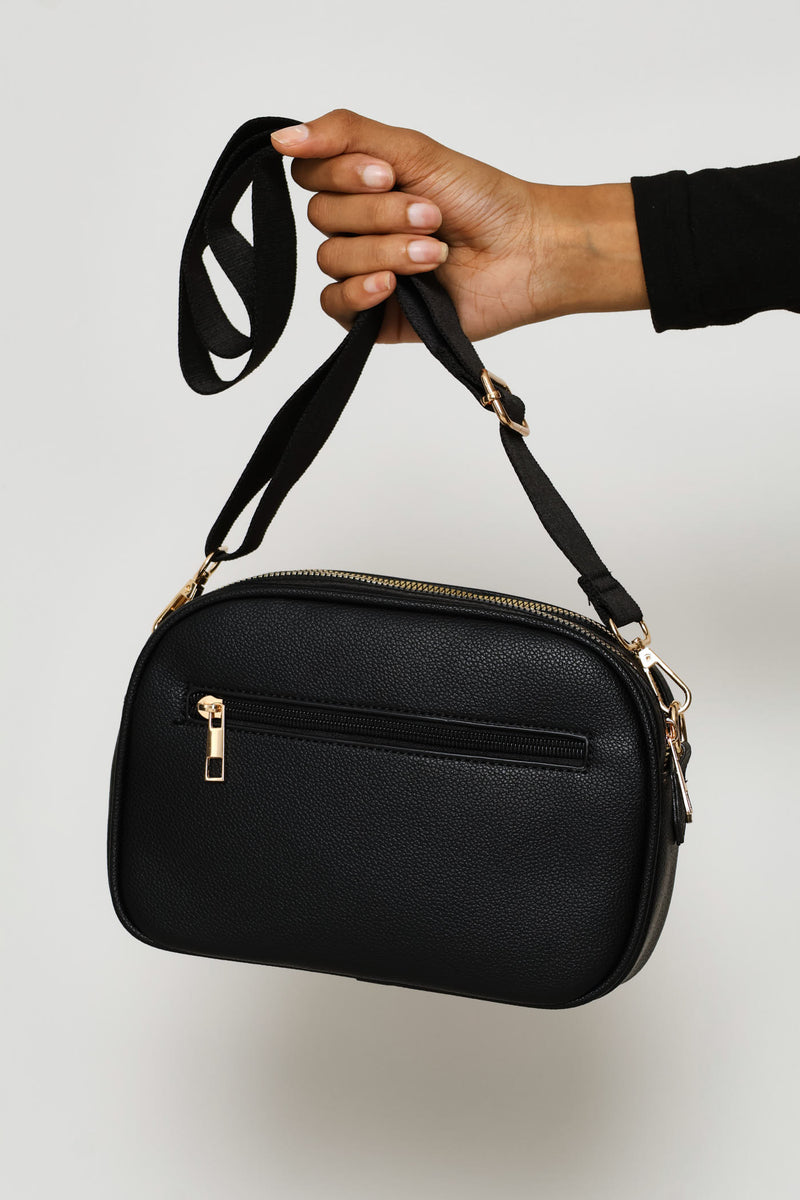 Double Top Zip Webbing Strap Camera Bag - Black