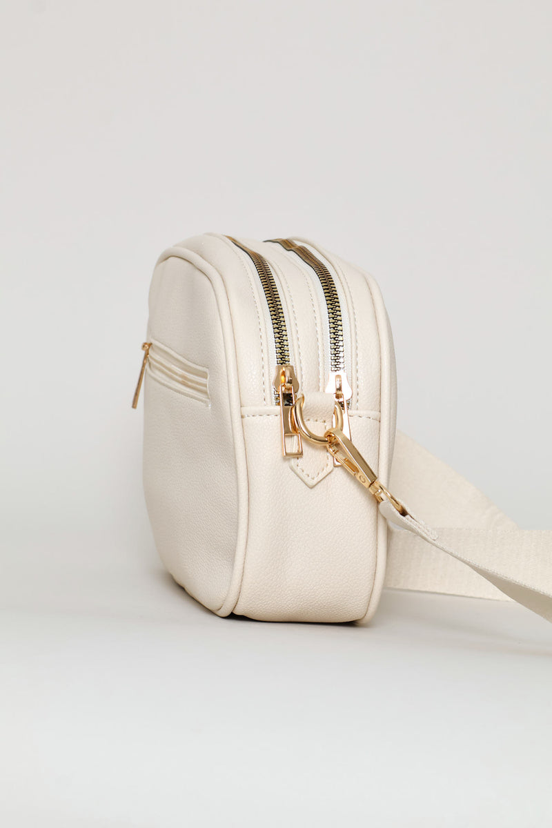 Double Top Zip Webbing Strap Camera Bag - Beige