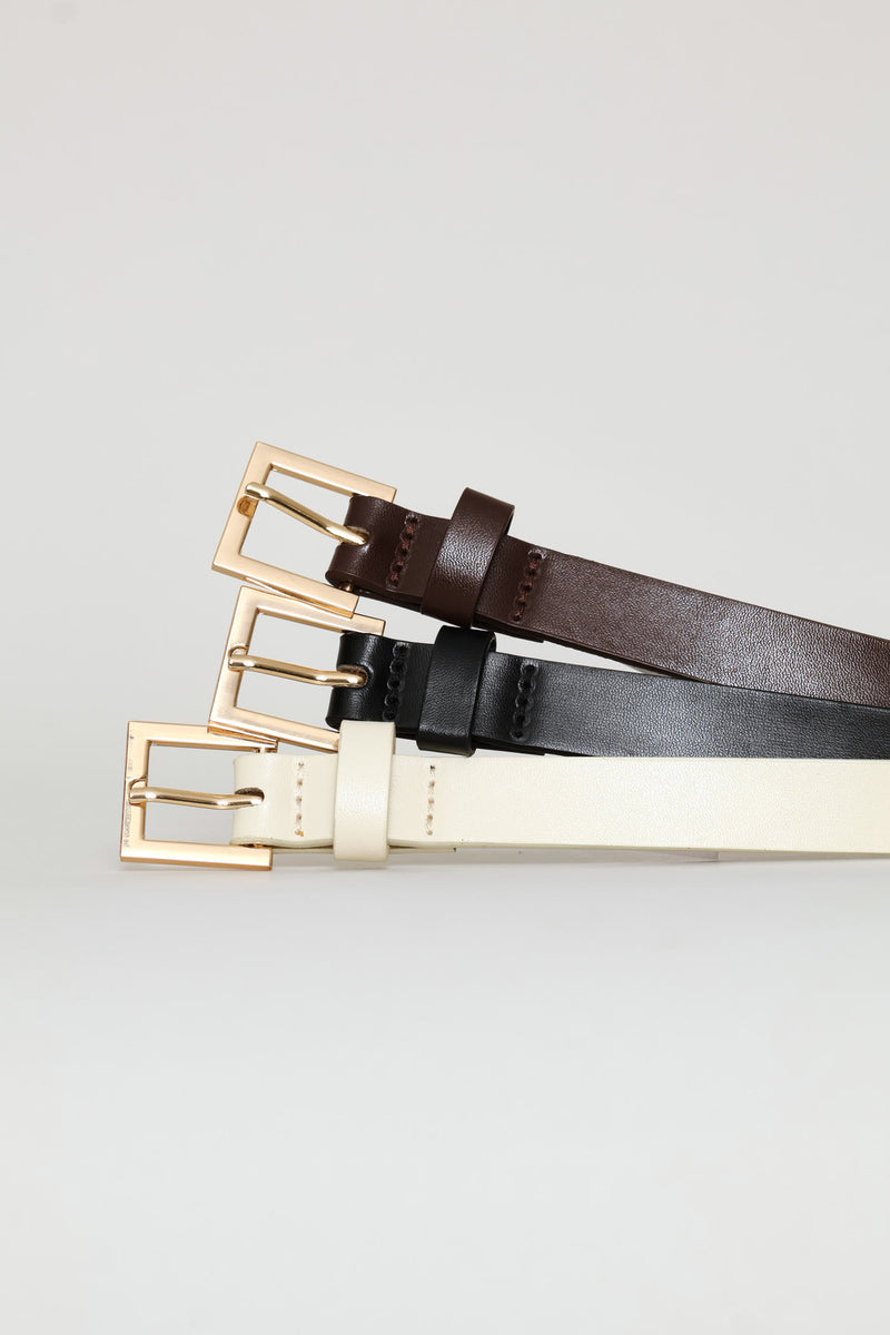 3 Pack Square Gold Buckle Belt - Black/Cream/Brown