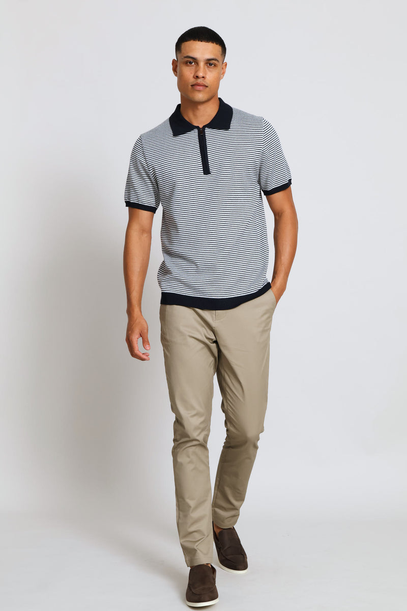 Two-Tone Stripe Textured Knit Button Golfer - White