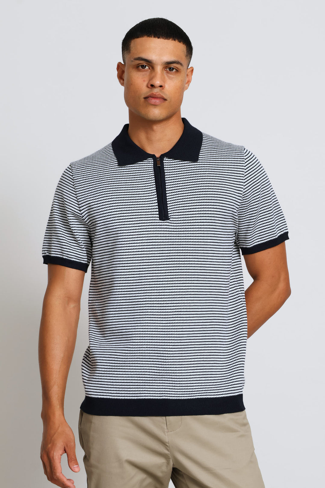 Two-Tone Stripe Textured Knit Button Golfer - White