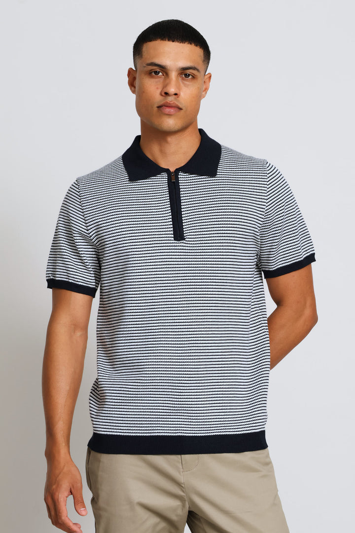 Two-Tone Stripe Textured Knit Button Golfer - White