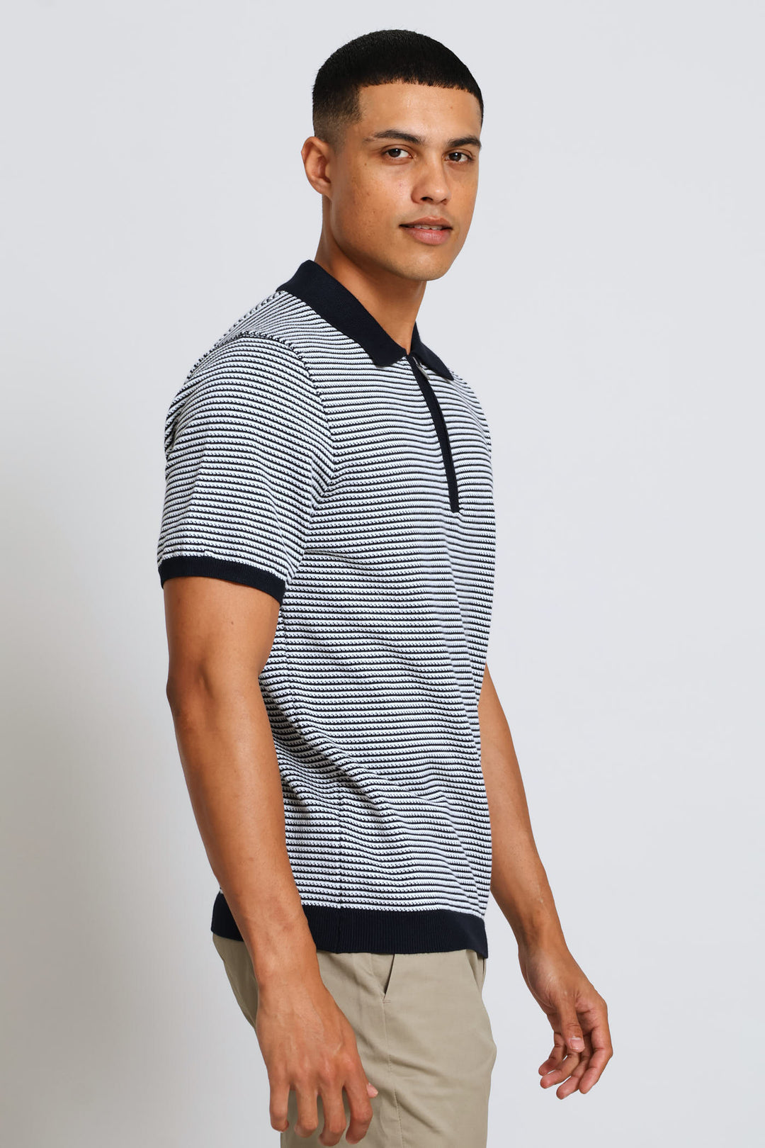 Two-Tone Stripe Textured Knit Button Golfer - White