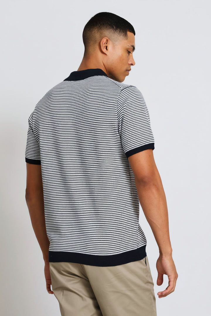 Two-Tone Stripe Textured Knit Button Golfer - White