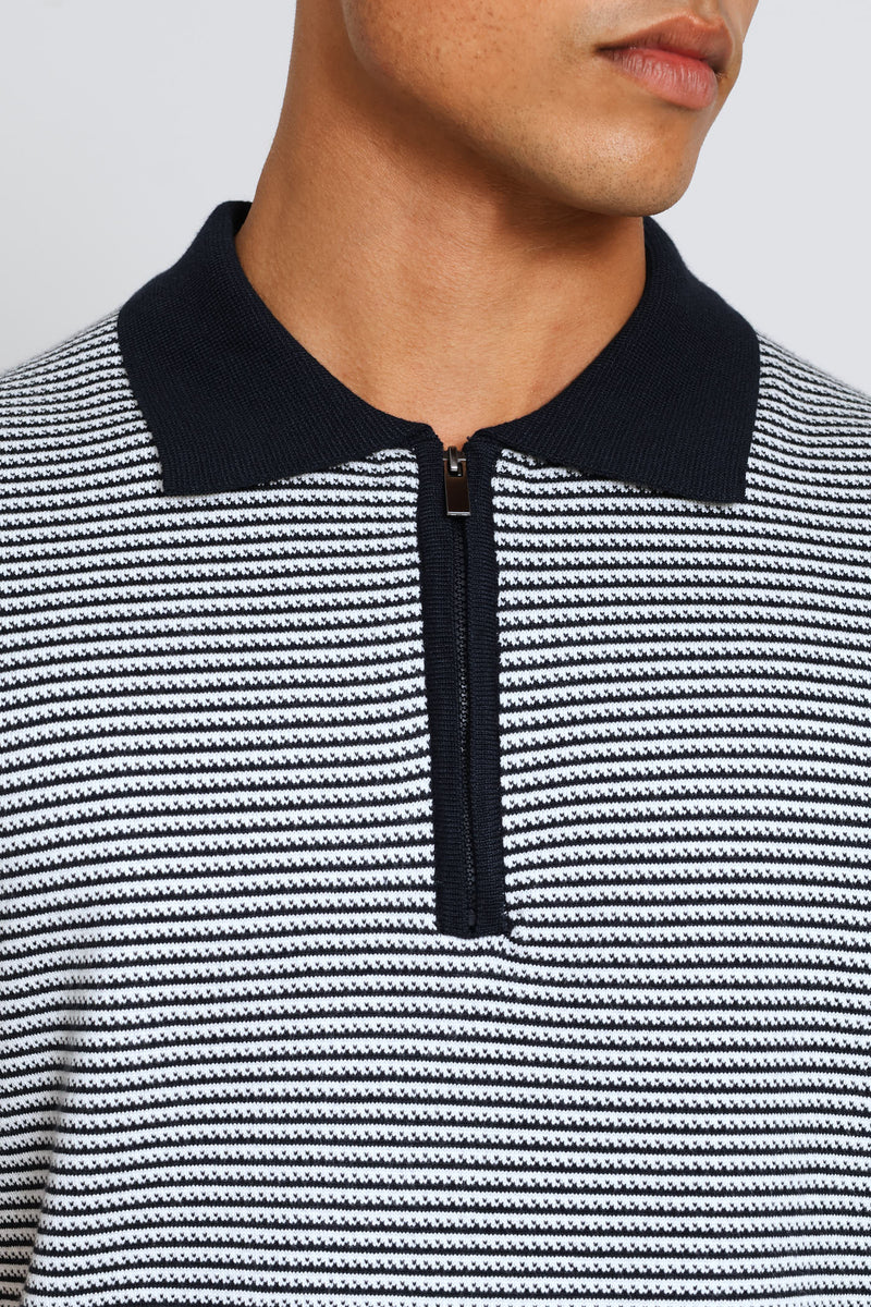Two-Tone Stripe Textured Knit Button Golfer - White
