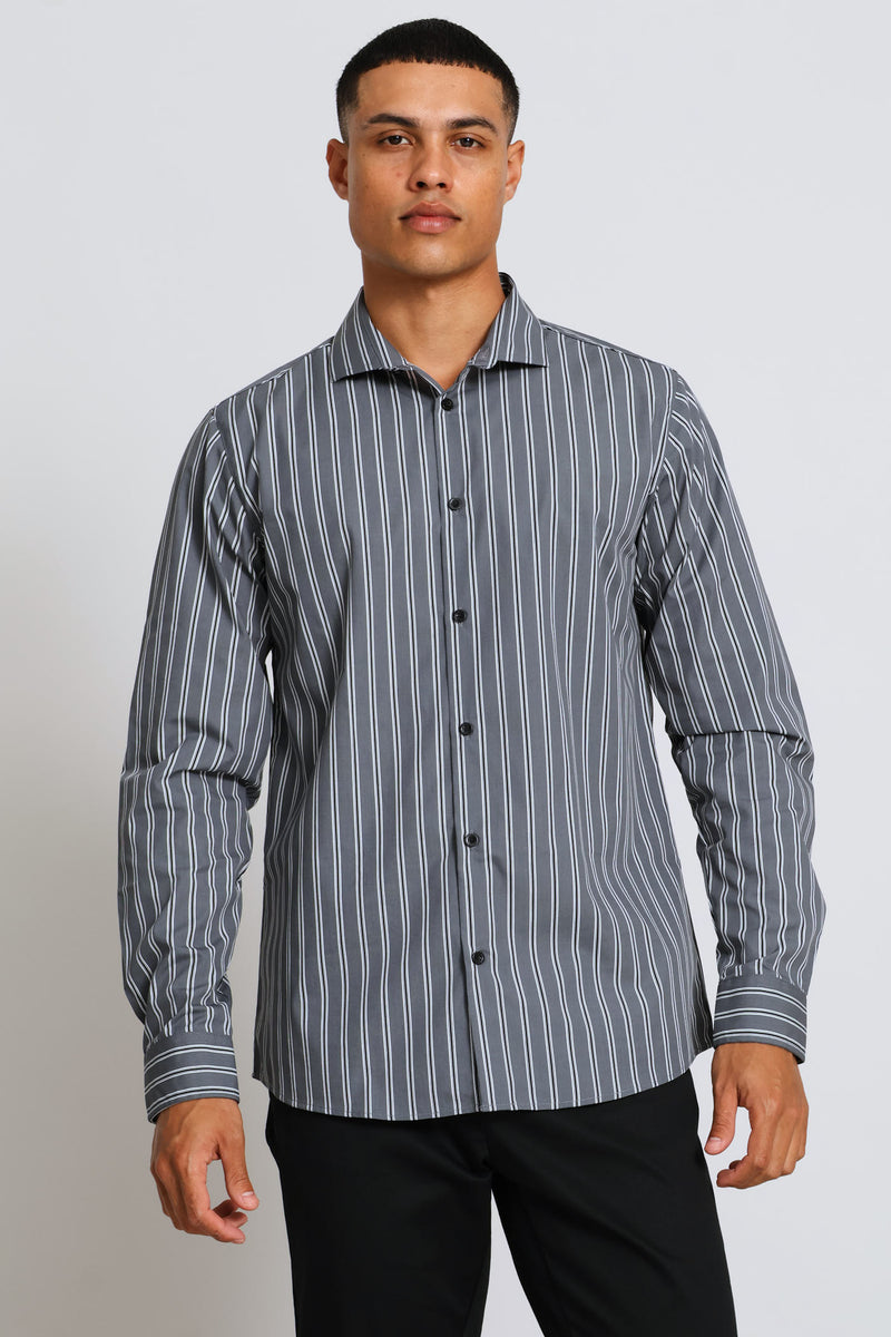 Long Sleeve Stripe Printed Shirt - Charcoal