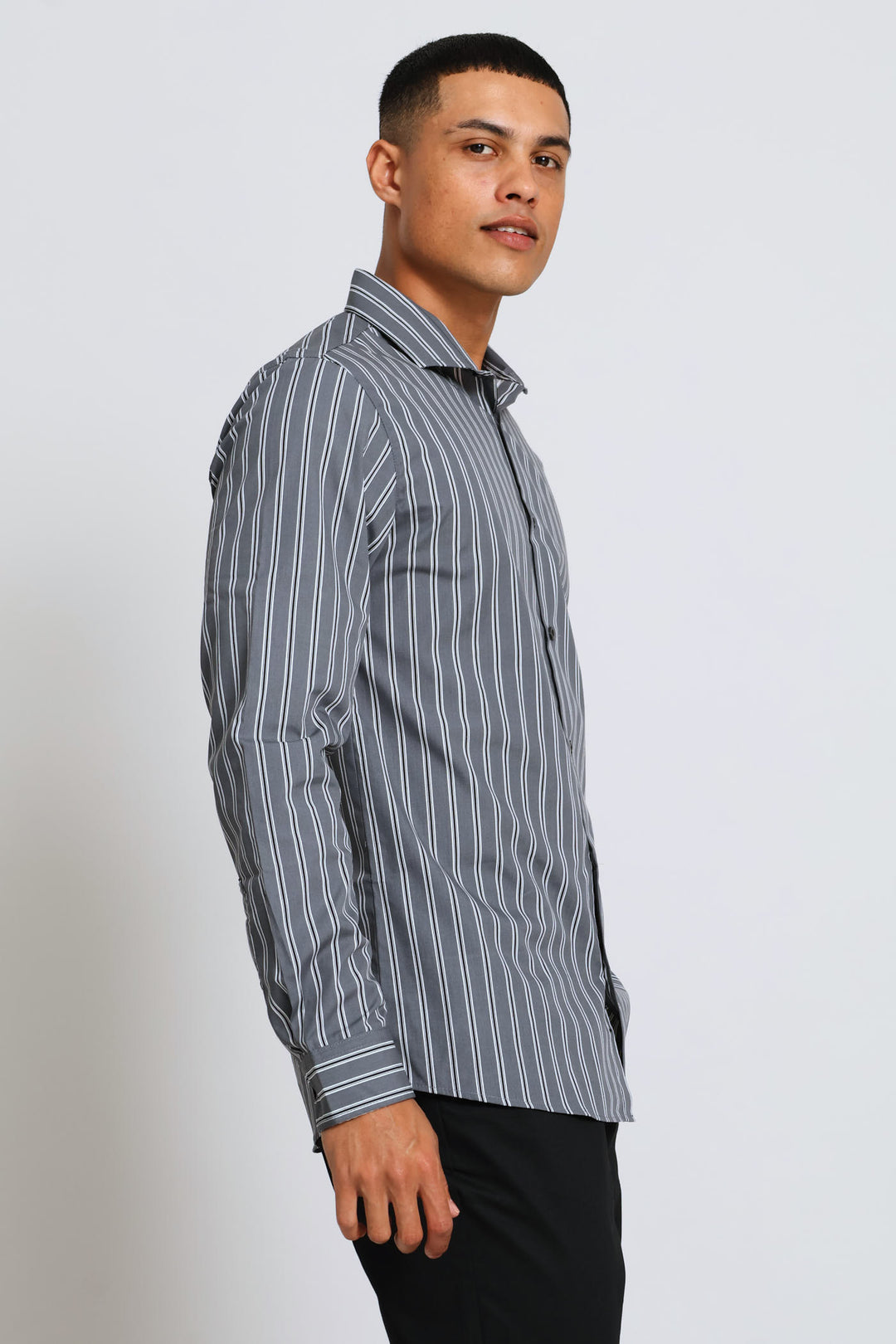 Long Sleeve Stripe Printed Shirt - Charcoal