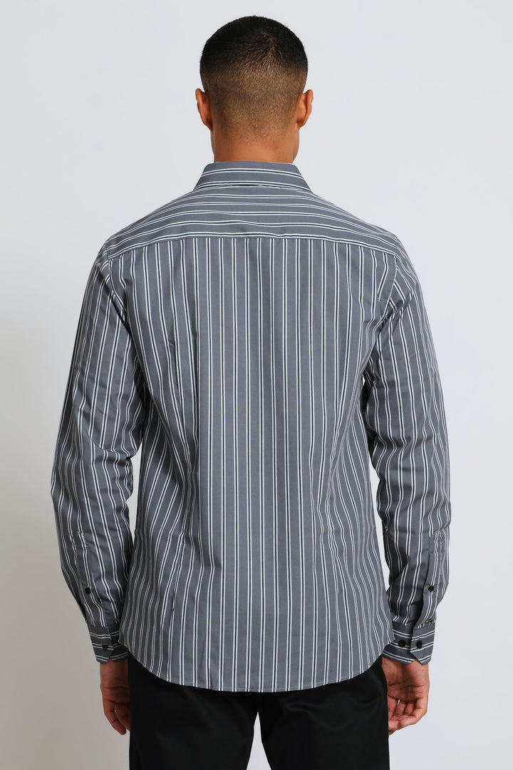 Long Sleeve Stripe Printed Shirt - Charcoal