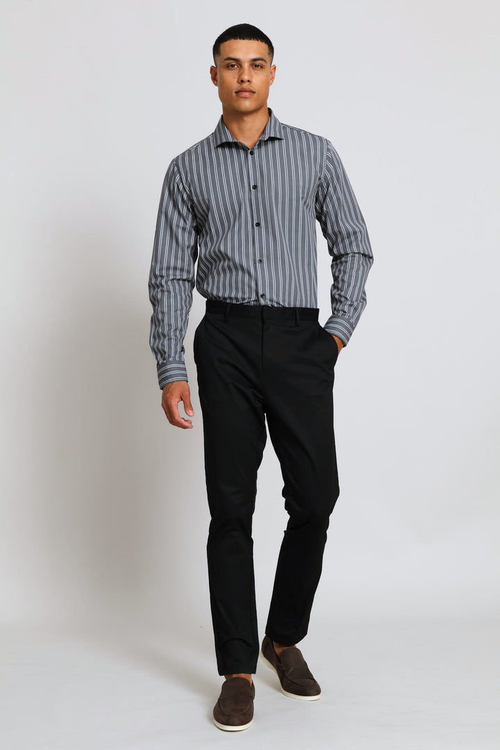 Long Sleeve Stripe Printed Shirt - Charcoal
