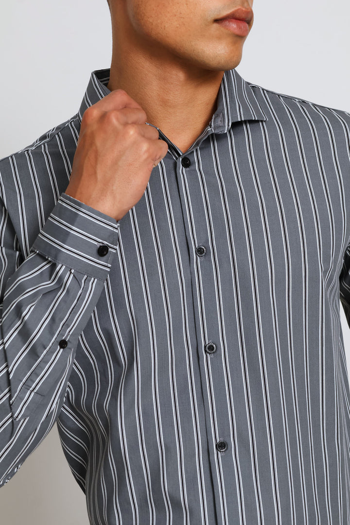 Long Sleeve Stripe Printed Shirt - Charcoal