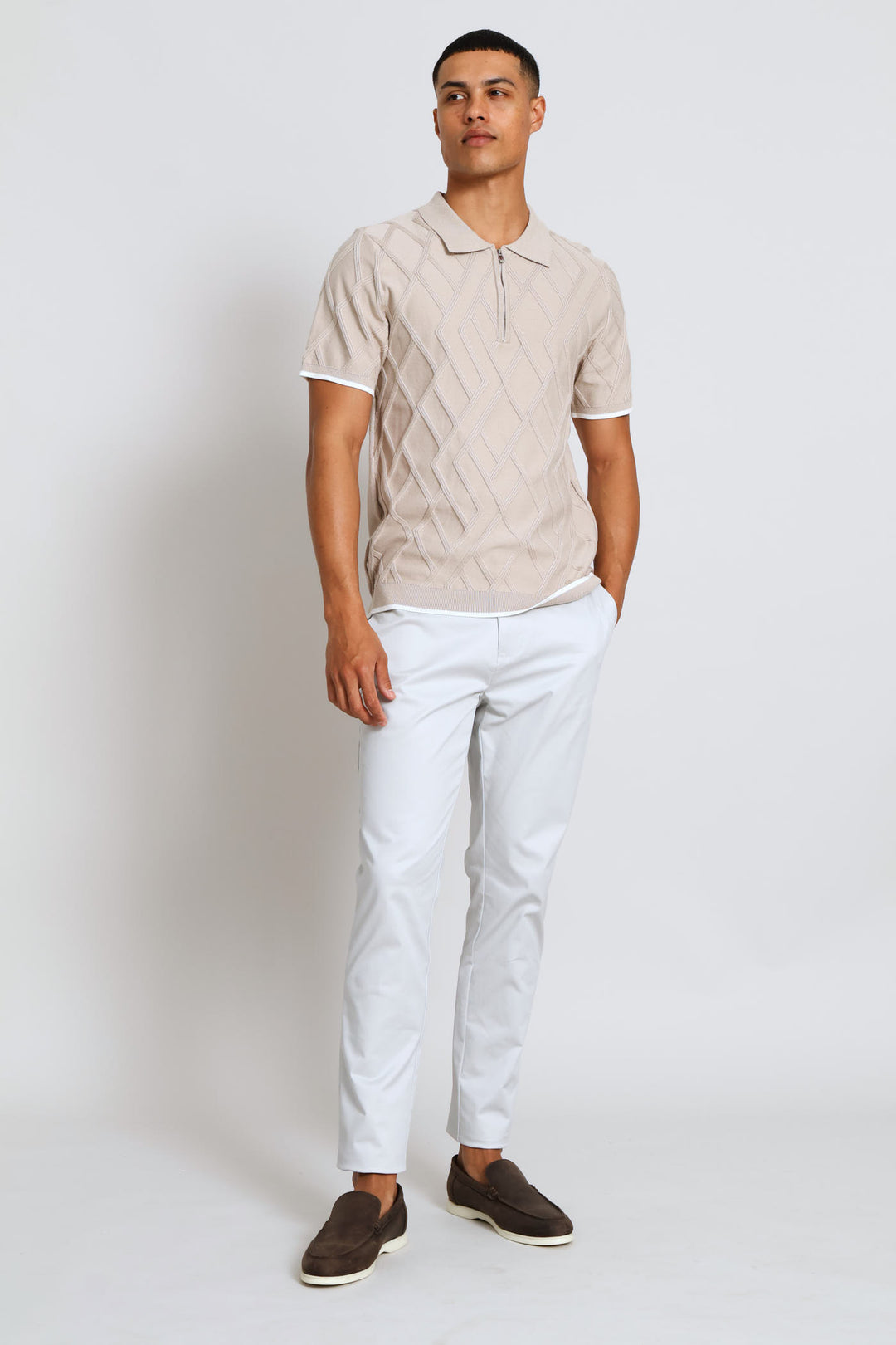 Textured Quarter Zip Knit Golfer - Stone