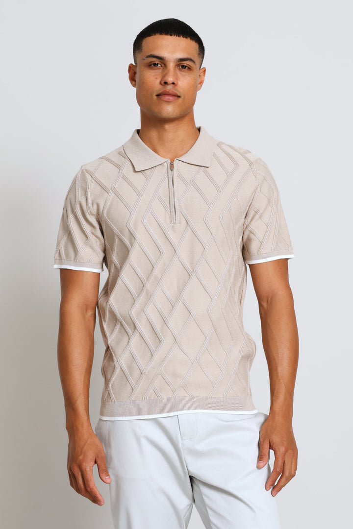 Textured Quarter Zip Knit Golfer - Stone