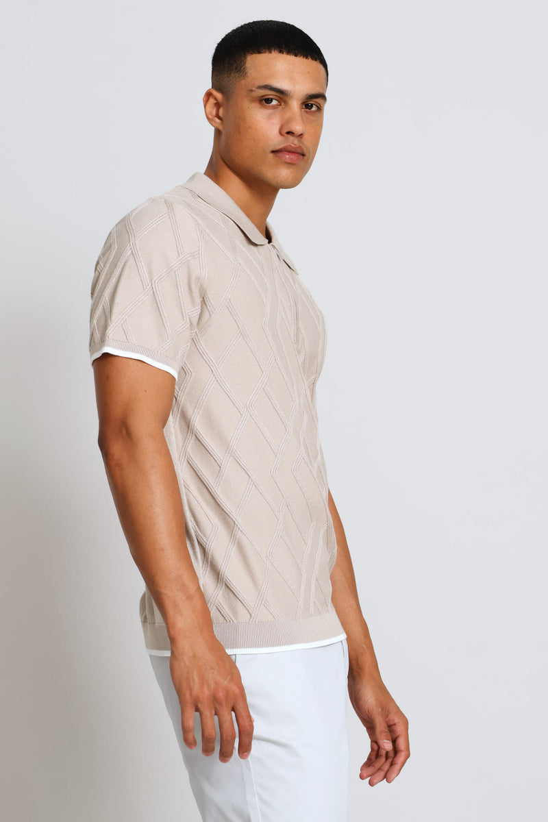 Textured Quarter Zip Knit Golfer - Stone