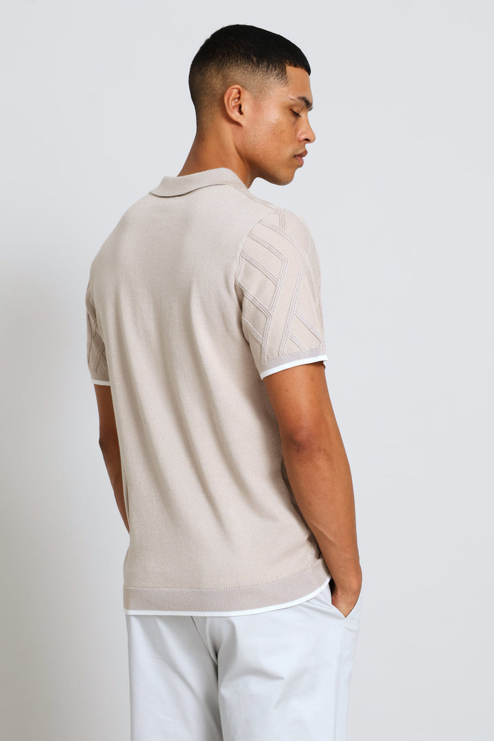 Textured Quarter Zip Knit Golfer - Stone