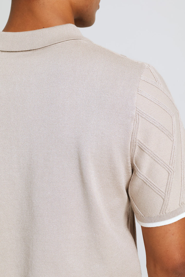 Textured Quarter Zip Knit Golfer - Stone