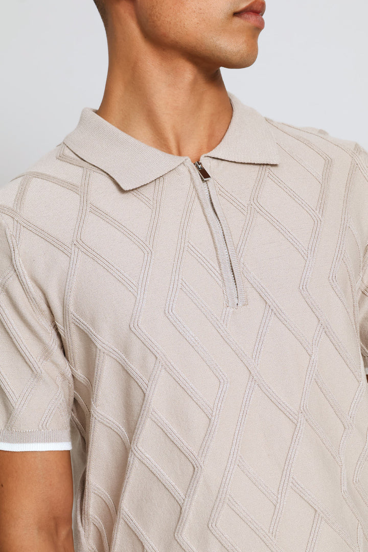 Textured Quarter Zip Knit Golfer - Stone