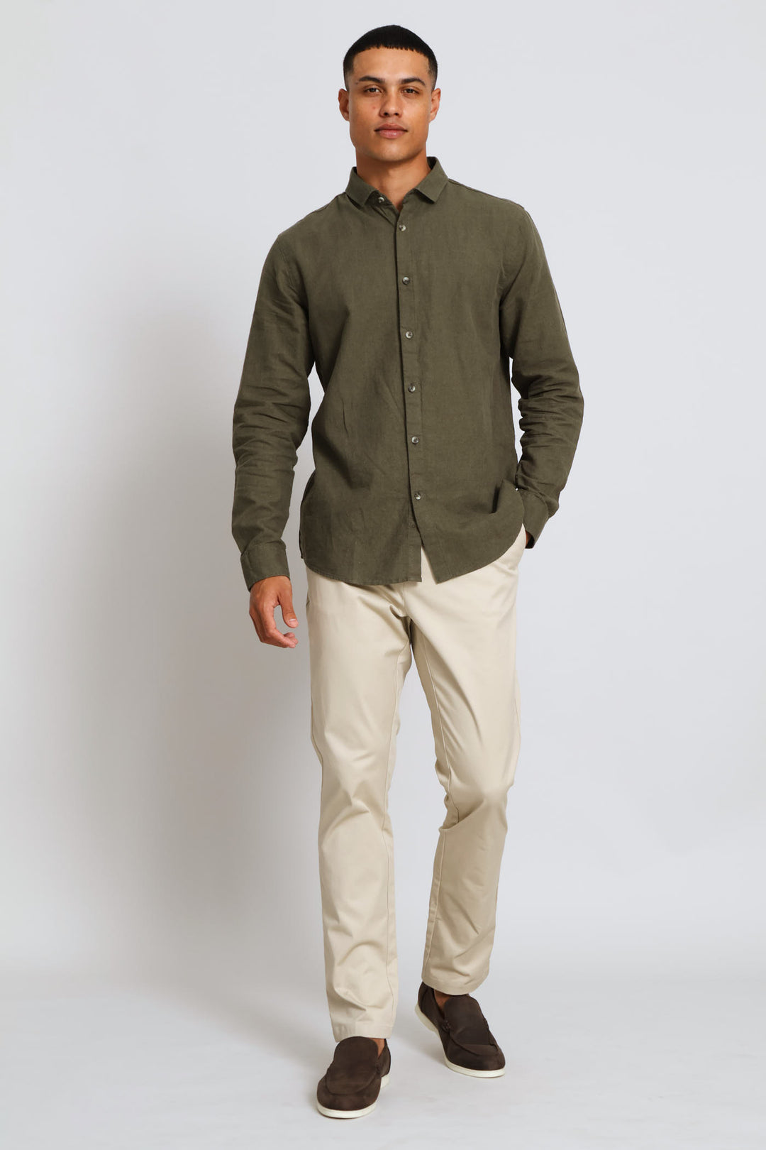 Long Sleeve Linen Blend Shirt - Fatigue