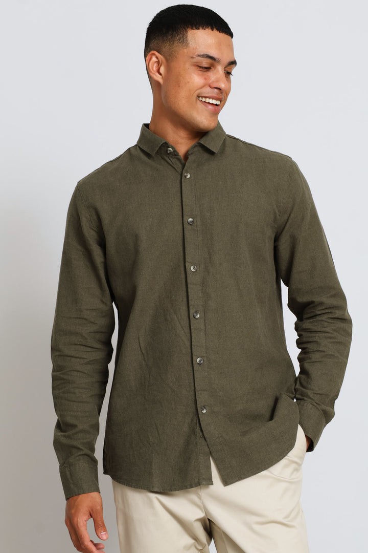Long Sleeve Linen Blend Shirt - Fatigue