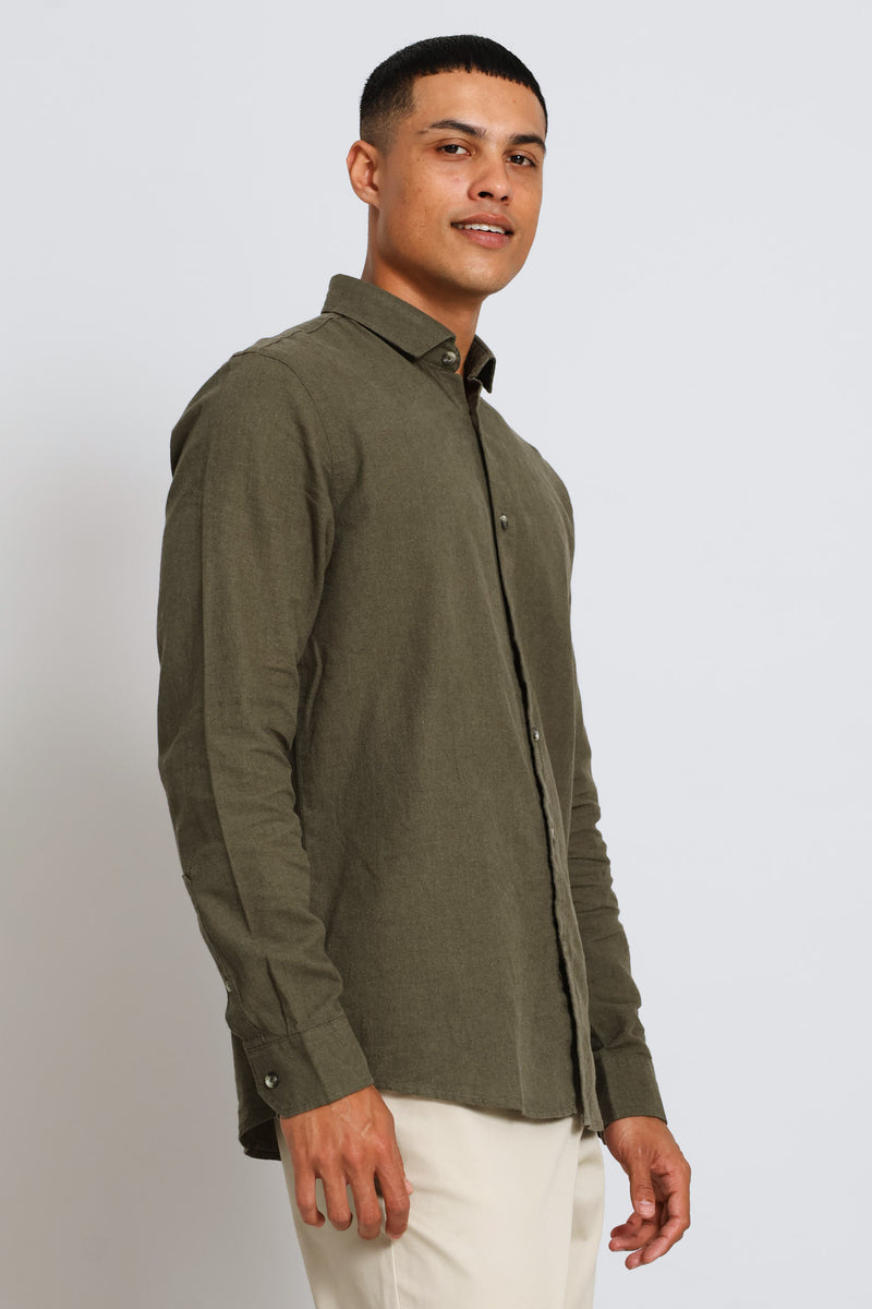 Long Sleeve Linen Blend Shirt - Fatigue