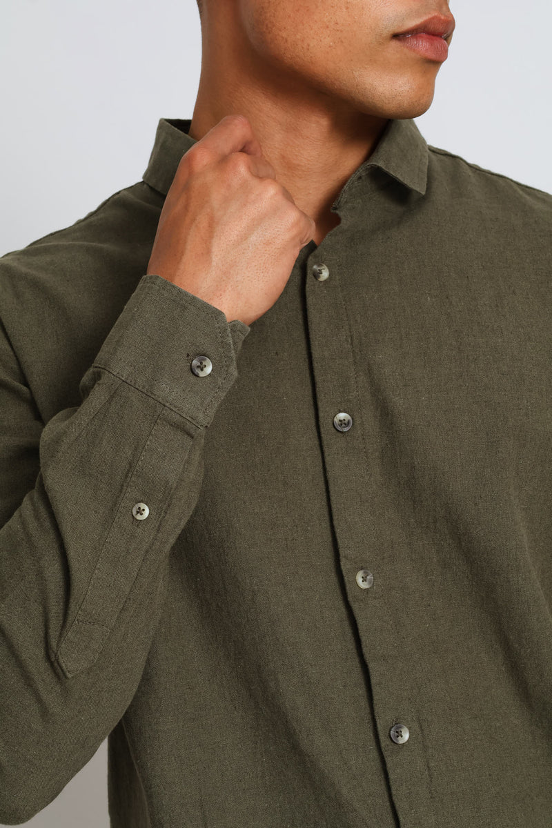 Long Sleeve Linen Blend Shirt - Fatigue