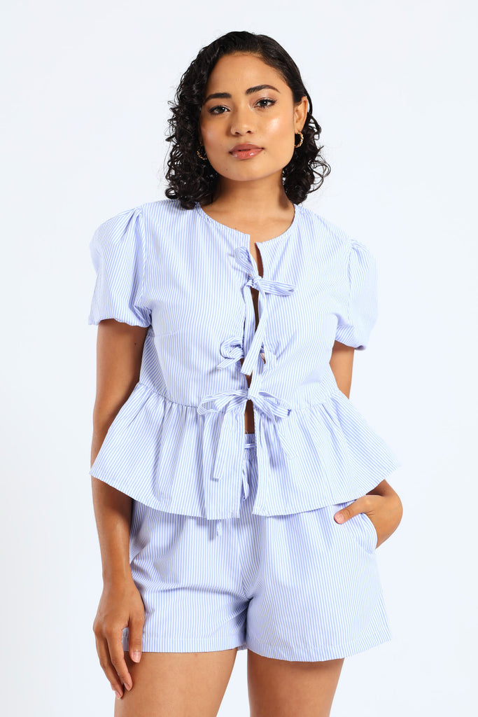 Ladies Peplum Tie Top - Blue – Edgars