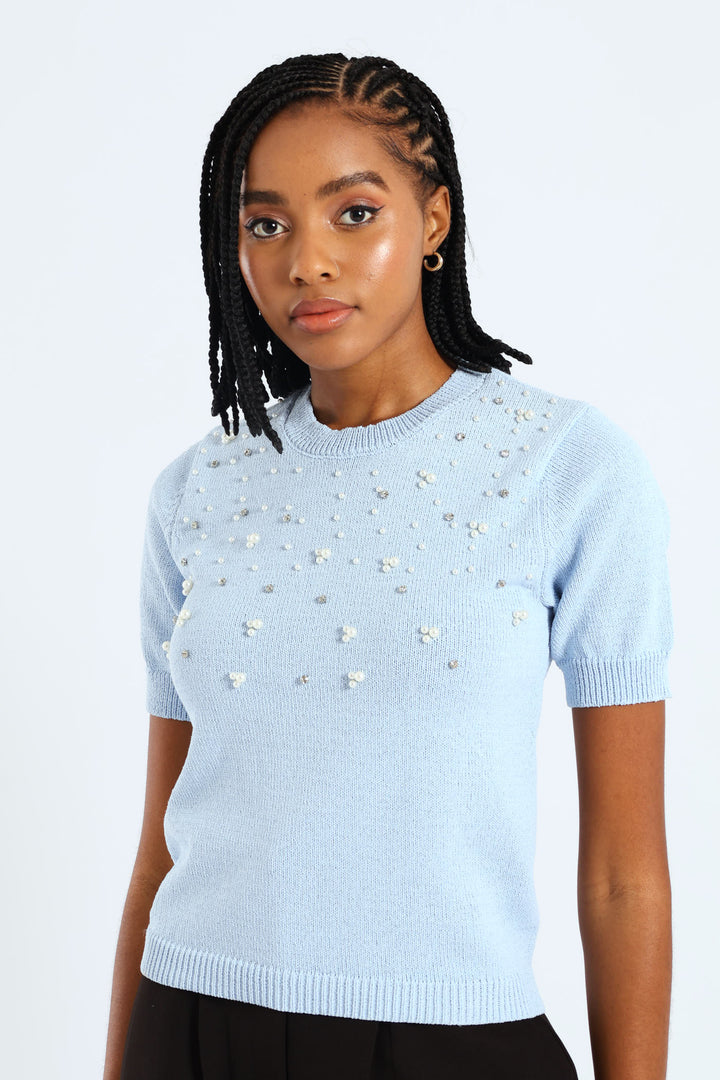 Pearl Embellished Pullover - Light Blue
