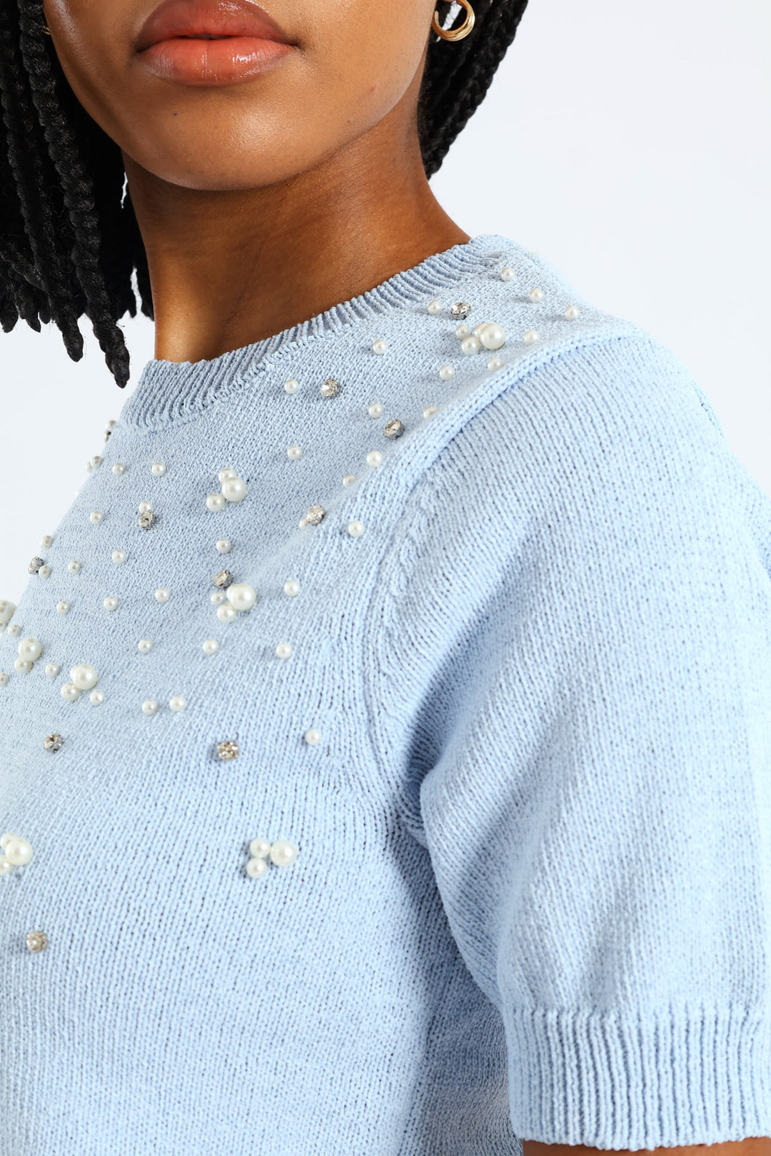 Pearl Embellished Pullover - Light Blue