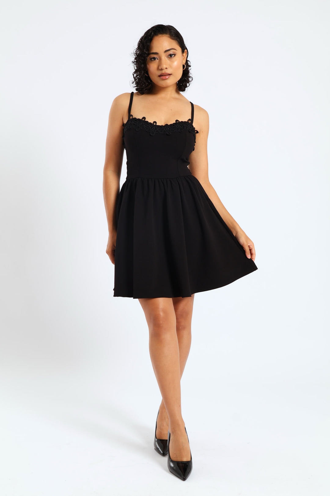 Asymmetric Ruffle Skirt & Crochet Mini Dress - Black