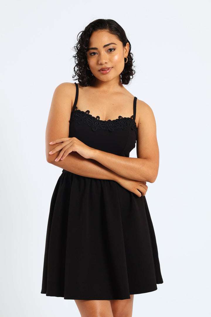 Asymmetric Ruffle Skirt & Crochet Mini Dress - Black