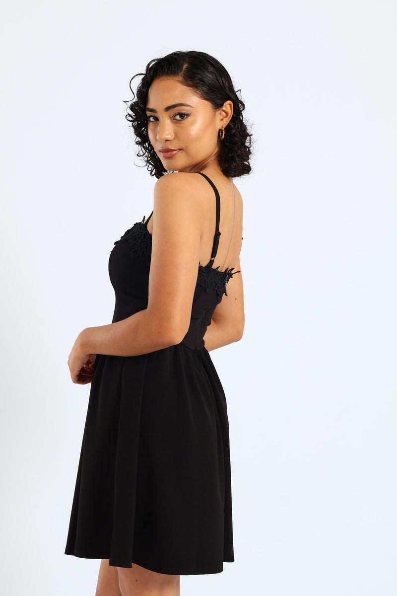 Asymmetric Ruffle Skirt & Crochet Mini Dress - Black