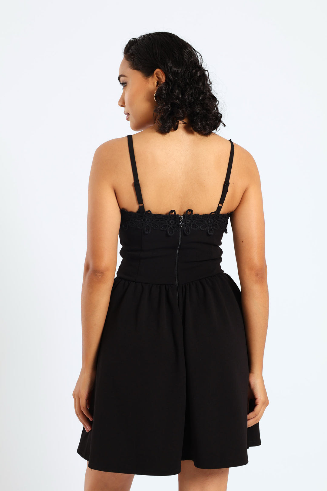 Asymmetric Ruffle Skirt & Crochet Mini Dress - Black