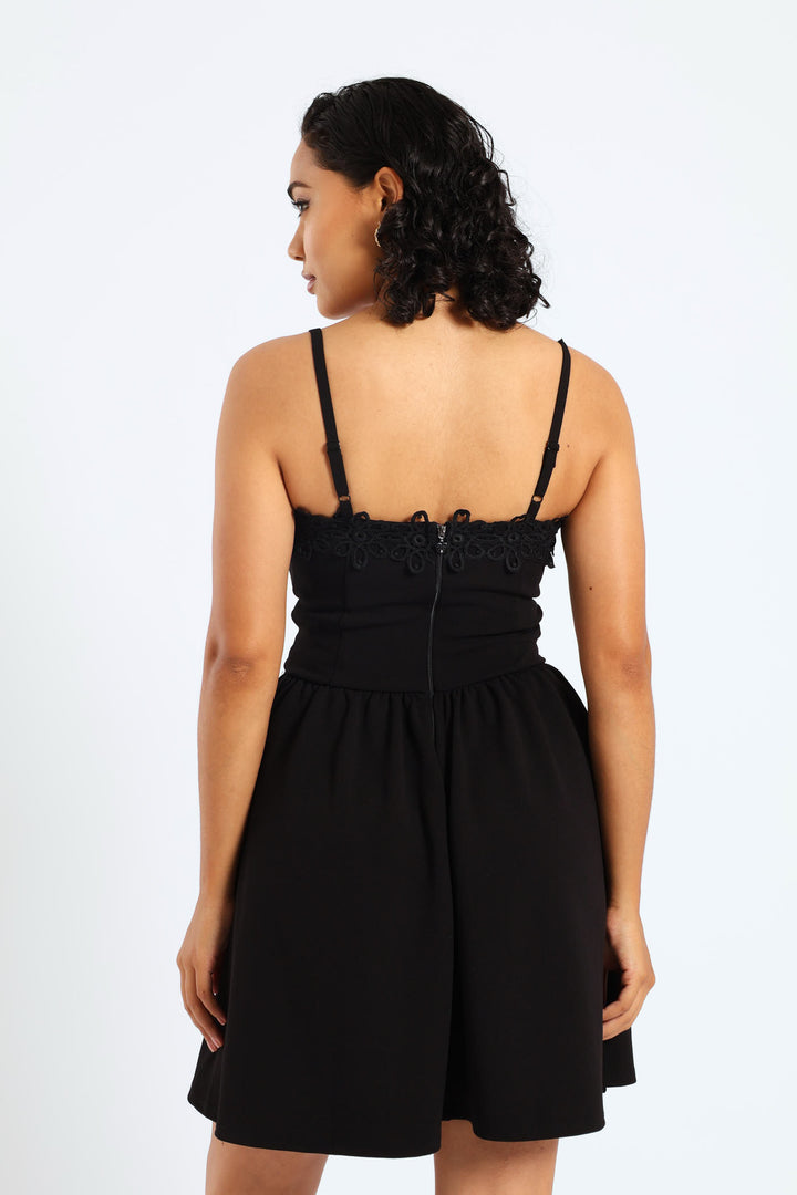 Asymmetric Ruffle Skirt & Crochet Mini Dress - Black