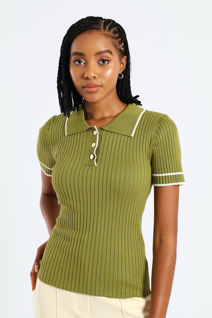 Constrast Tipped Golfer Tee - Matcha