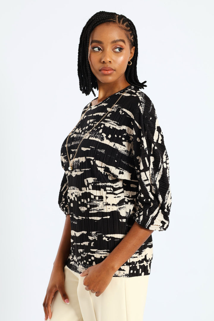 Monochrome Plisse Blouse - Black