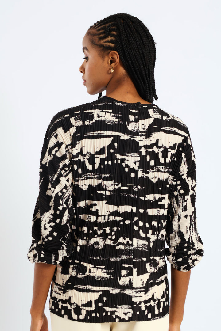 Monochrome Plisse Blouse - Black