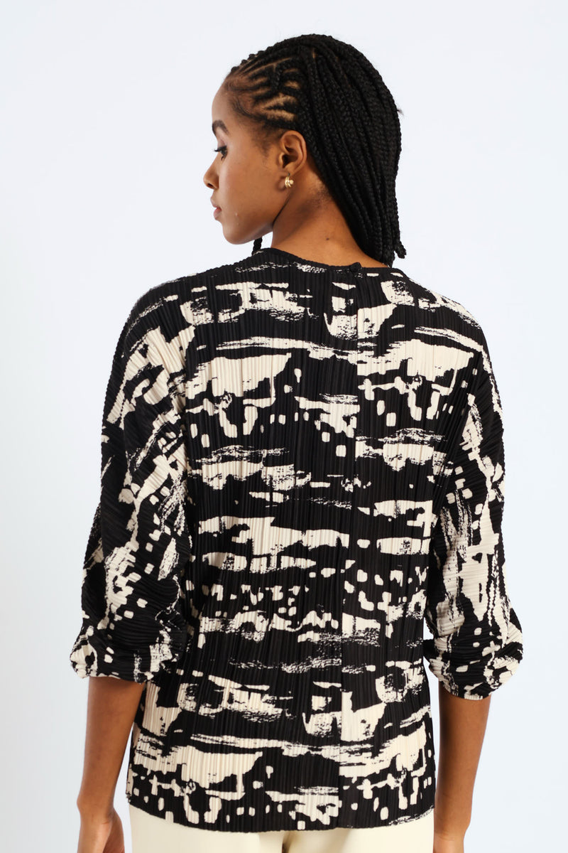 Monochrome Plisse Blouse - Black