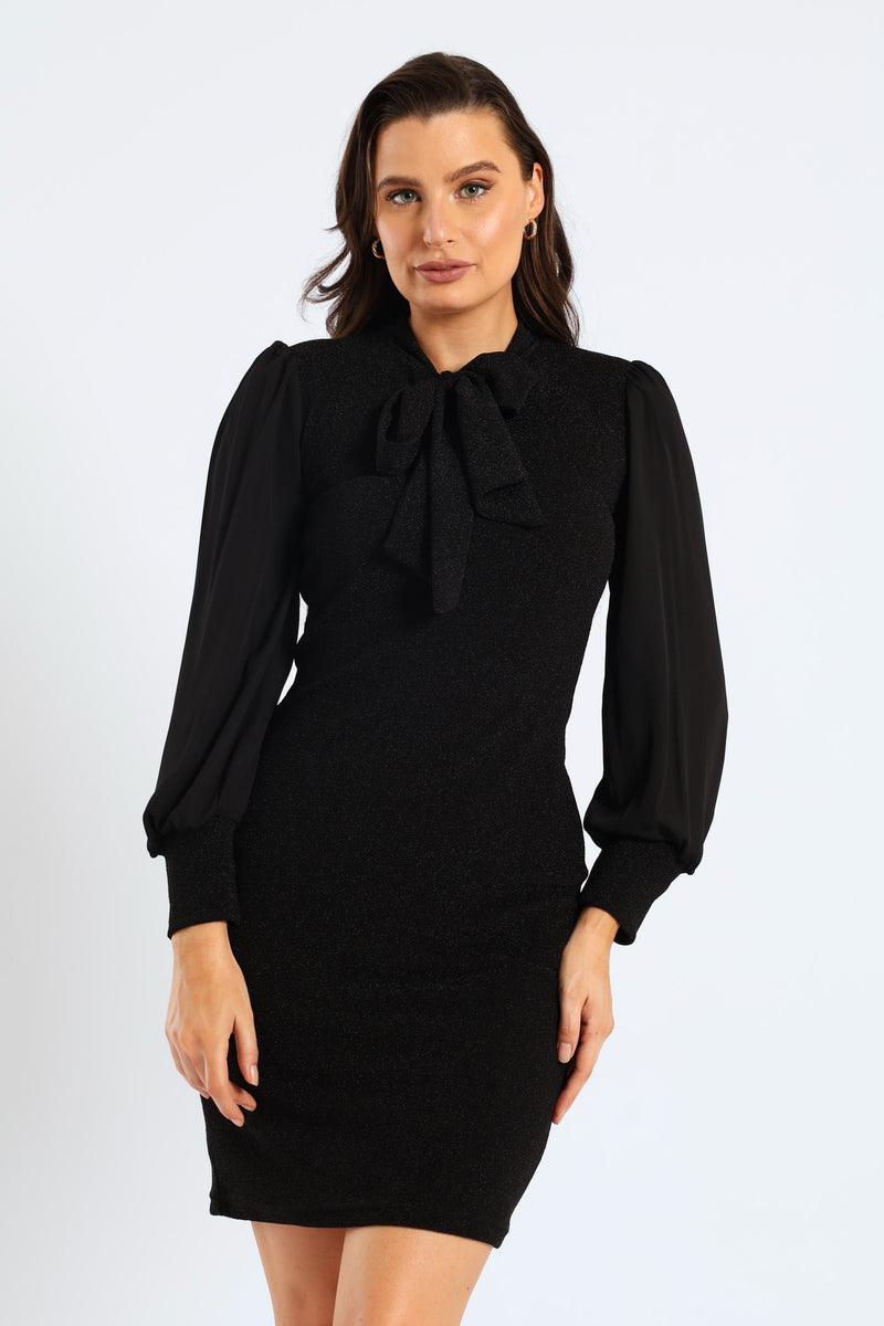 Kitty Bow Keyhole Shimmer Combo Dress - Black