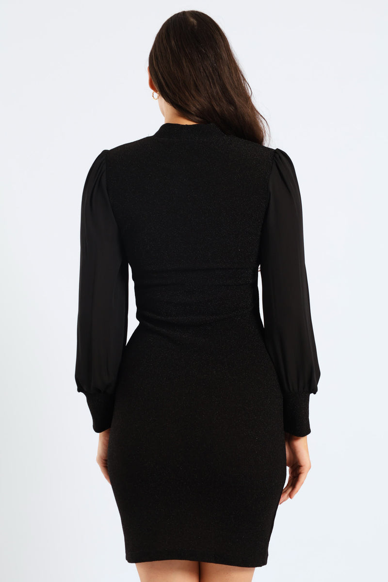 Kitty Bow Keyhole Shimmer Combo Dress - Black