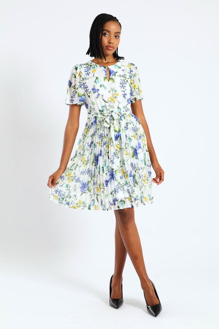 Keyhole Floral Pleated Tea Dress - Blue