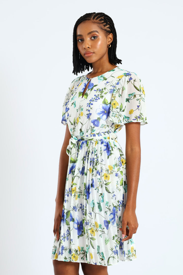 Keyhole Floral Pleated Tea Dress - Blue