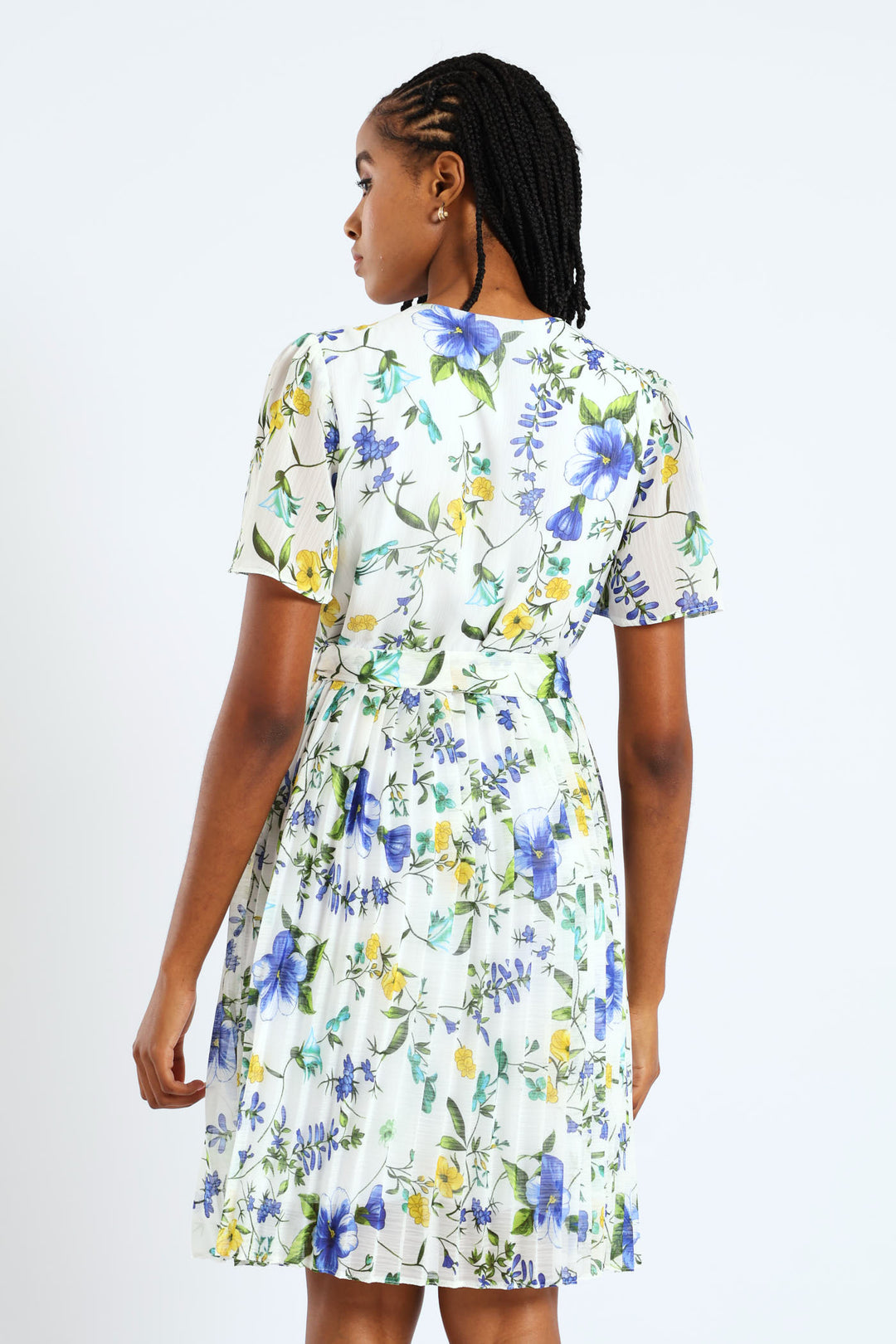 Keyhole Floral Pleated Tea Dress - Blue
