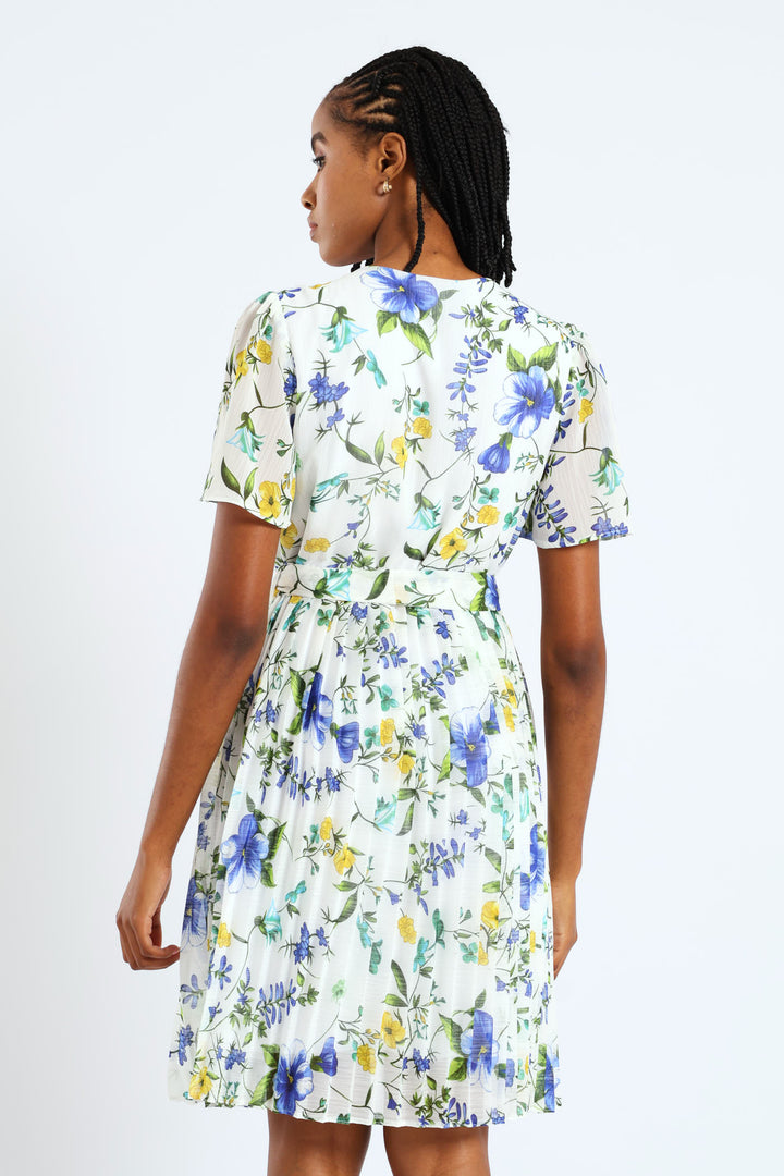 Keyhole Floral Pleated Tea Dress - Blue