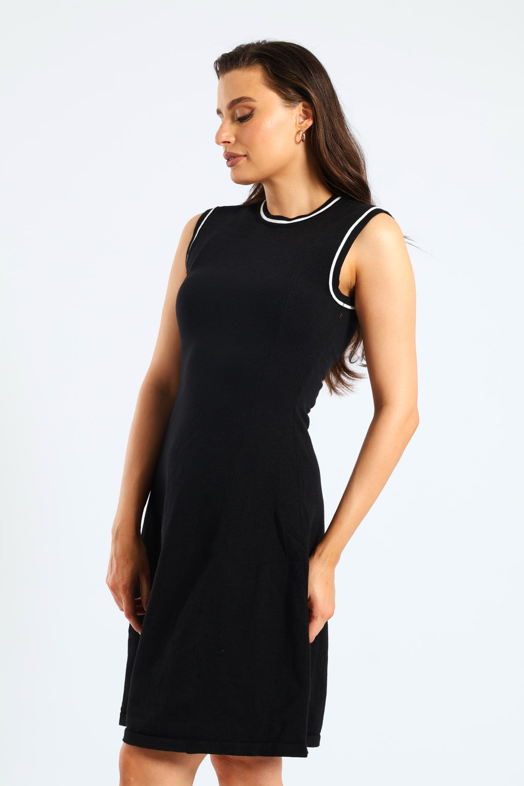 Panelled Tipped Skater Knitwear Dress - Black