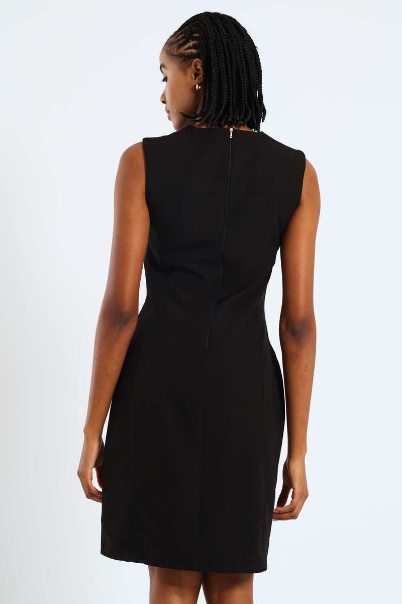 Button Tab Work Dress - Black