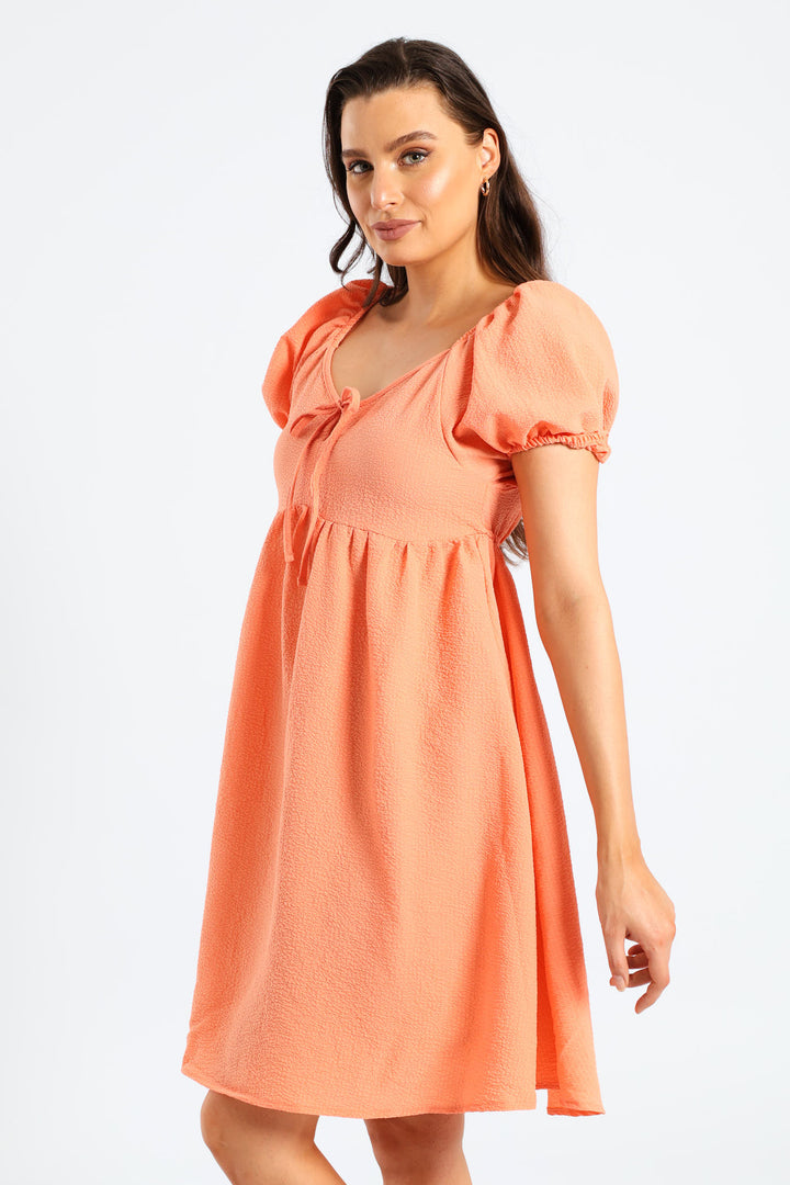 Puff Sleeve Tie-Front Gypsy Mini Dress - Light Coral