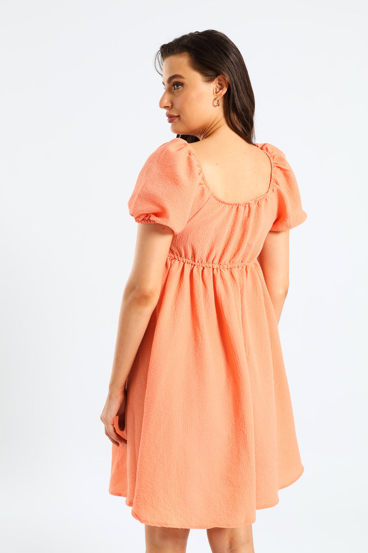 Puff Sleeve Tie-Front Gypsy Mini Dress - Light Coral