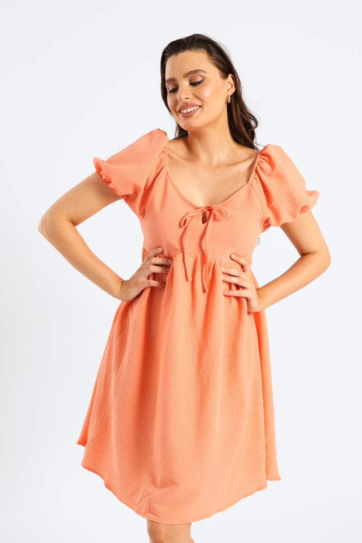 Puff Sleeve Tie-Front Gypsy Mini Dress - Light Coral