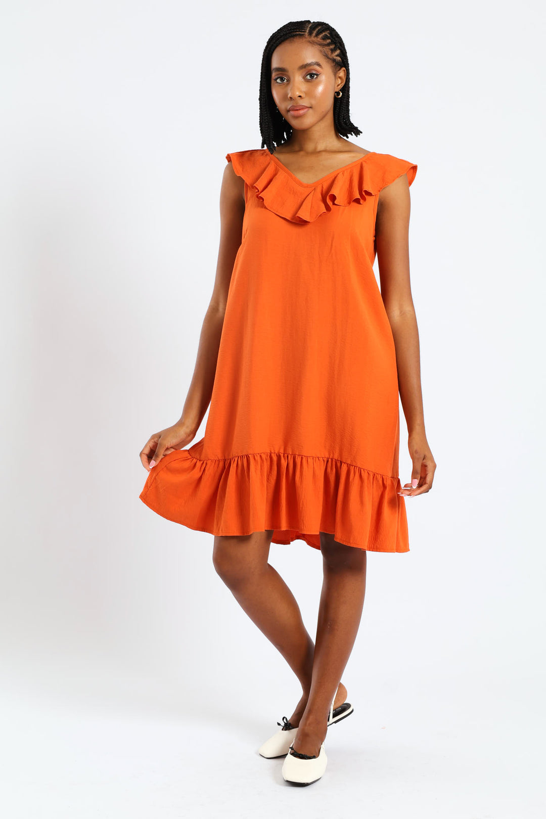 Sleeveless V-Neck Frill Mini Hem Dress - Burnt Orange